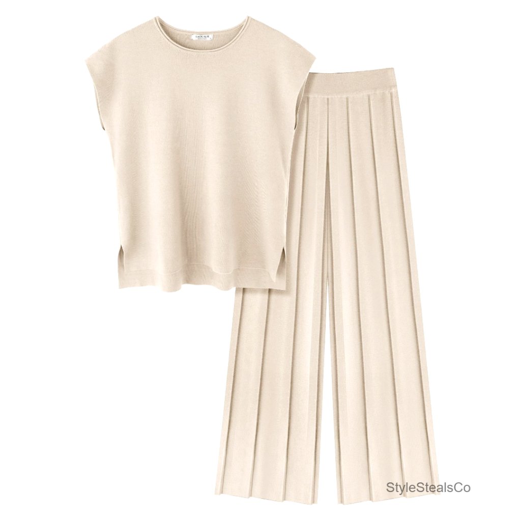 Soft Knit Lounge Set Cap Sleeve Top Wide Leg Pants Casual Dressy